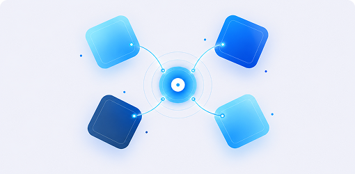 Abstract illustration of four blue squares connected to a glowing centre